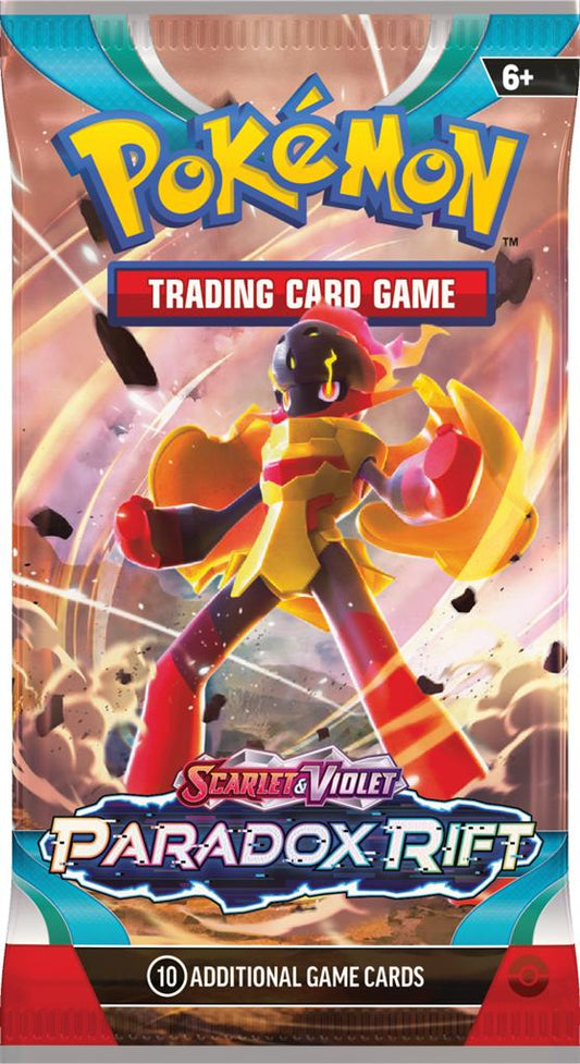 Pokémon TCG Paradox Rift Boosterpack met Roaring Moon, Garchomp en Mewtwo.