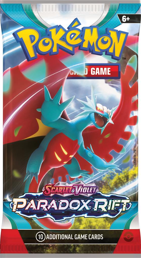 Pokémon TCG Paradox Rift Boosterpack met Roaring Moon, Garchomp en Mewtwo.