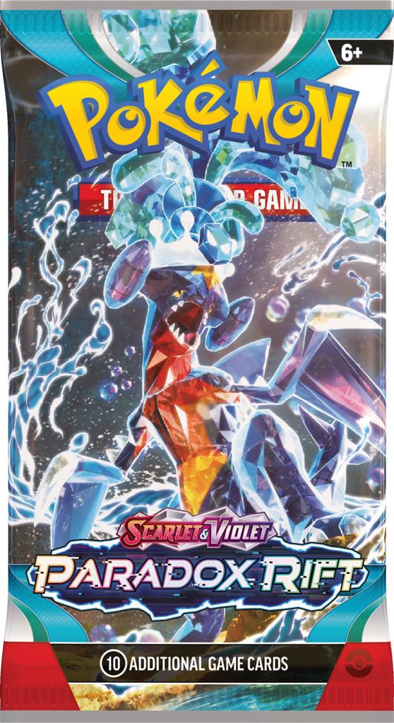 Pokémon TCG Paradox Rift Boosterpack met Roaring Moon, Garchomp en Mewtwo.