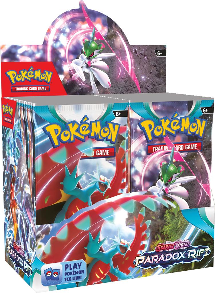 Pokémon TCG Paradox Rift Boosterpack met Roaring Moon, Garchomp en Mewtwo.