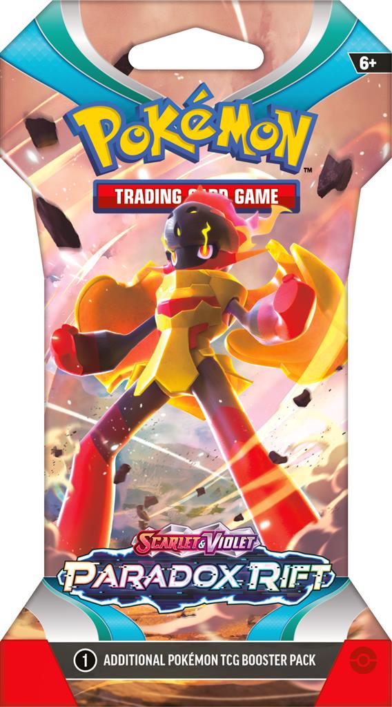 Pokémon TCG Paradox Rift Sleeved Boosterpack met Garchomp, Mewtwo, en Roaring Moon.