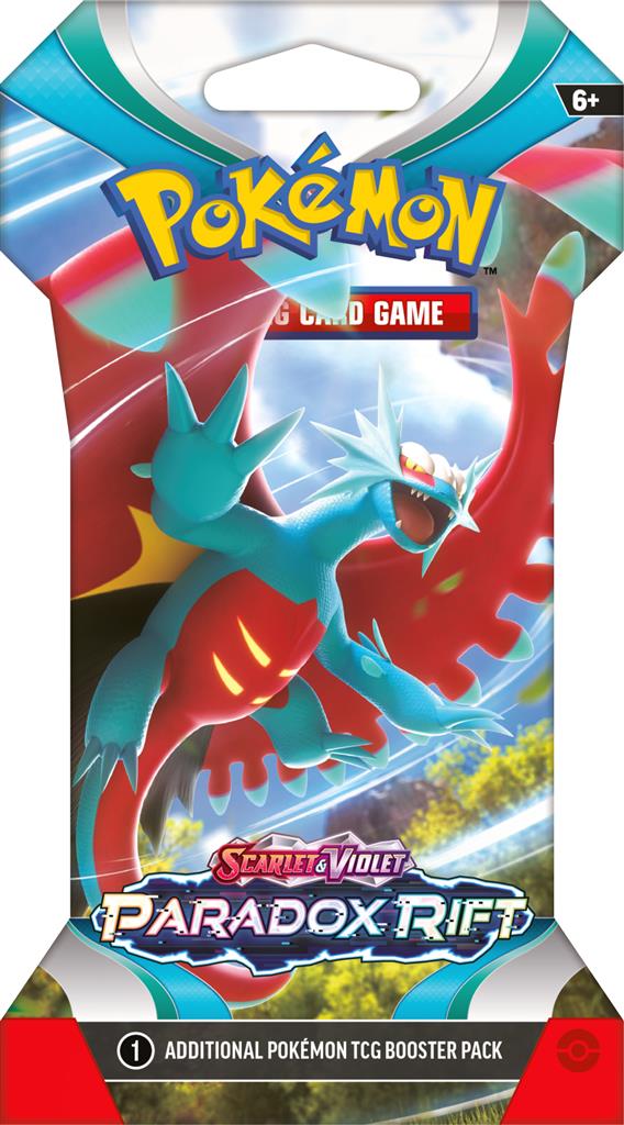 Pokémon TCG Paradox Rift Sleeved Boosterpack met Garchomp, Mewtwo, en Roaring Moon.