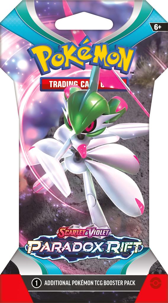 Pokémon TCG Paradox Rift Sleeved Boosterpack met Garchomp, Mewtwo, en Roaring Moon.