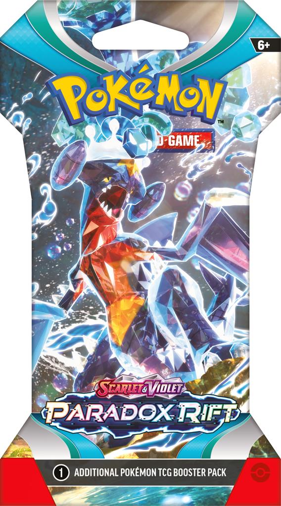 Pokémon TCG Paradox Rift Sleeved Boosterpack met Garchomp, Mewtwo, en Roaring Moon.