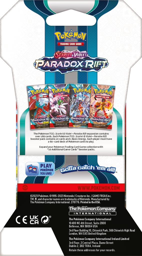 Pokémon TCG Paradox Rift Sleeved Boosterpack met Garchomp, Mewtwo, en Roaring Moon.