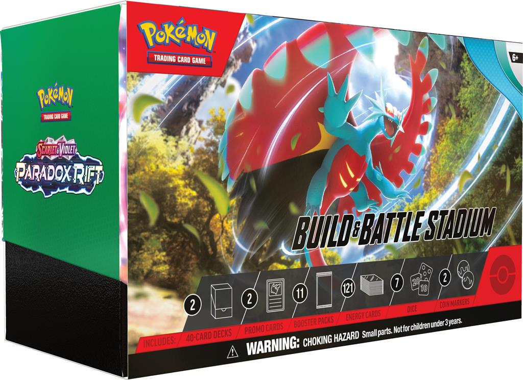 Pokémon TCG: Scarlet & Violet—Paradox Rift Build & Battle Stadium met 2 Build & Battle Boxes, booster packs, promokaarten, en meer.