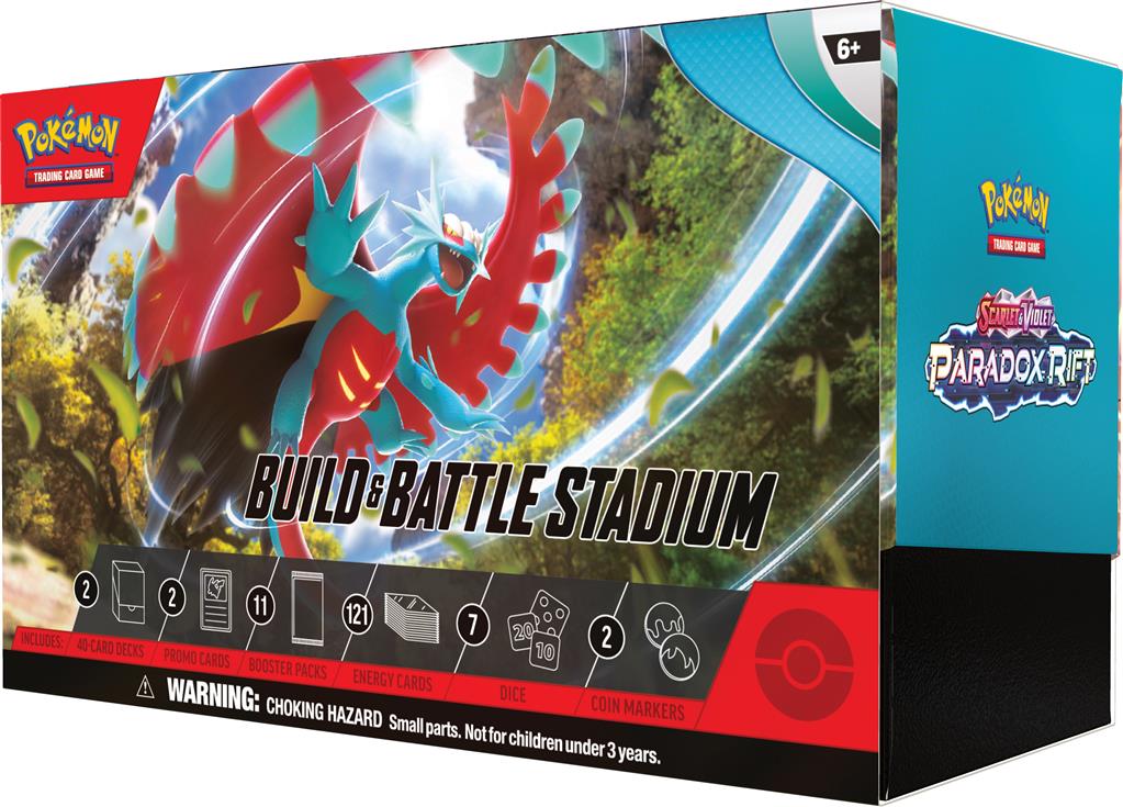 Pokémon TCG: Scarlet & Violet—Paradox Rift Build & Battle Stadium met 2 Build & Battle Boxes, booster packs, promokaarten, en meer.