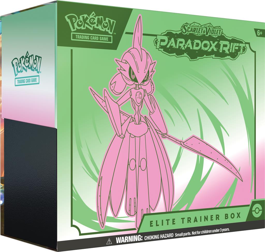 Pokémon TCG: Scarlet & Violet—Paradox Rift Elite Trainer Box Iron Valiant met 9 booster packs, foil promokaart, kaartsleeves en meer, ideaal voor verzamelaars.