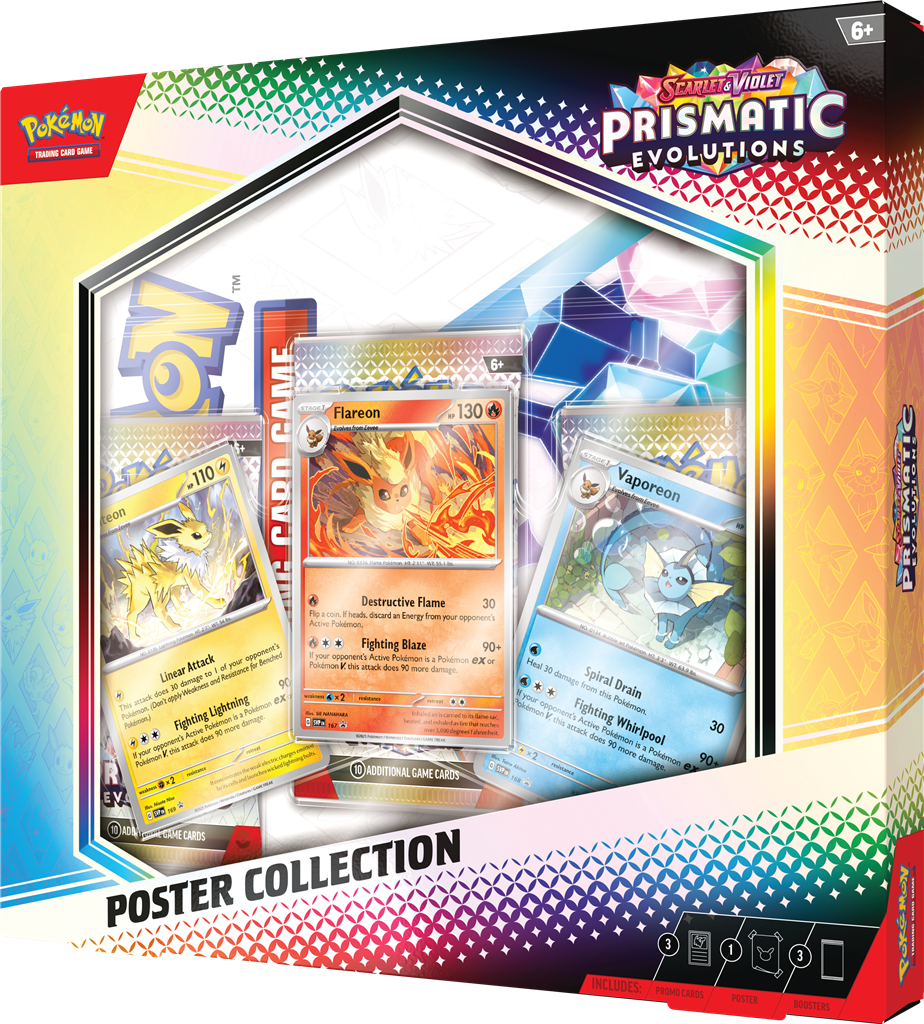 Schuinvooraanzicht van de Prismatic Evolutions Poster Collection displaydoos.