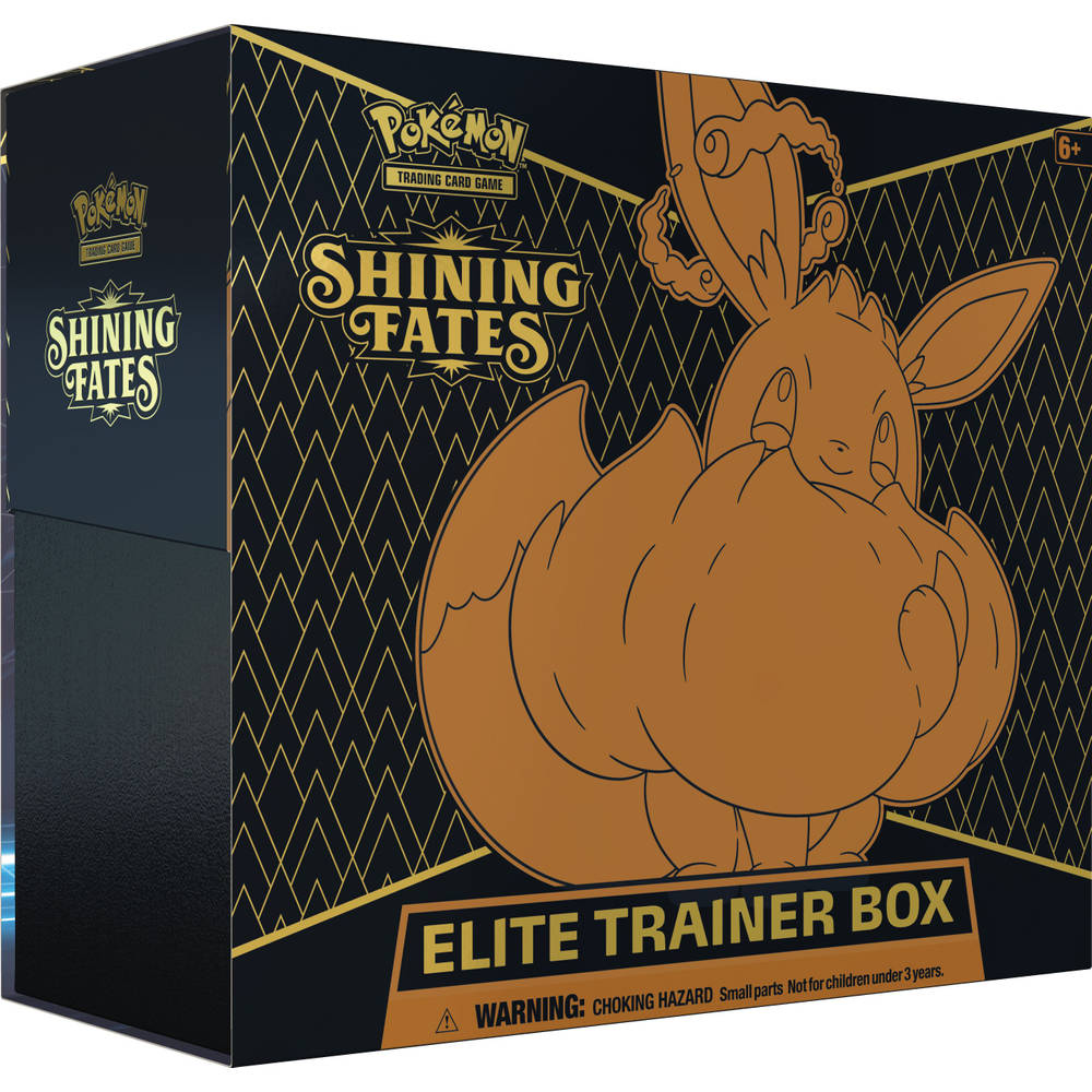 Pokemon Shining Fates Elite Trainer Box: Inclusief 10 booster packs, een promo kaart van Eevee Vmax, verzegelde sleeves met Eevee, dobbelstenen, speelmunt, conditiemarkers en meer.