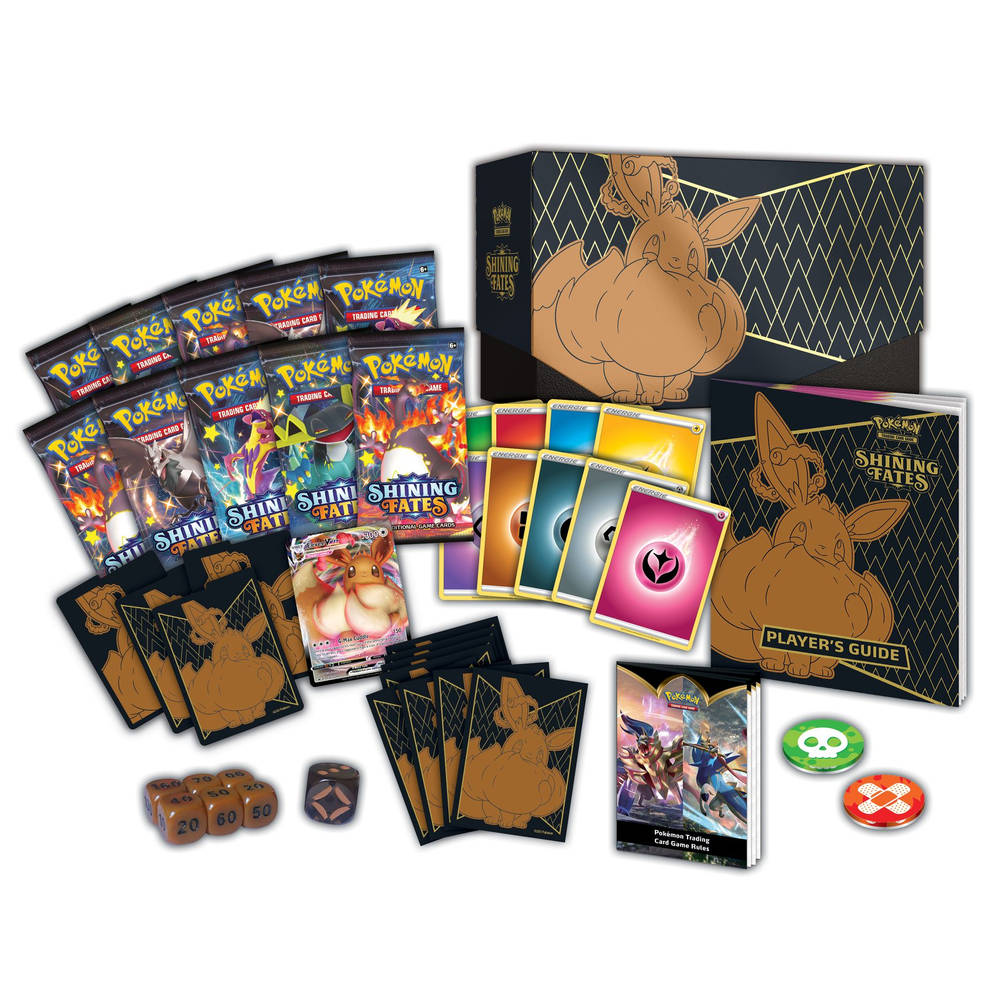 Pokemon Shining Fates Elite Trainer Box: Inclusief 10 booster packs, een promo kaart van Eevee Vmax, verzegelde sleeves met Eevee, dobbelstenen, speelmunt, conditiemarkers en meer.