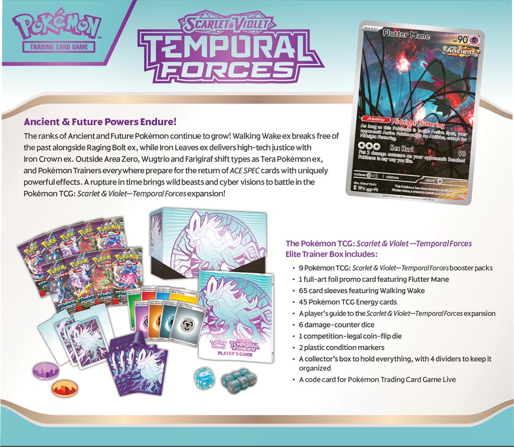 Pokémon TCG: Scarlet & Violet—Temporal Forces Elite Trainer Box (Walking Wake versie) met promokaarten, kaartsleeves en 9 booster packs