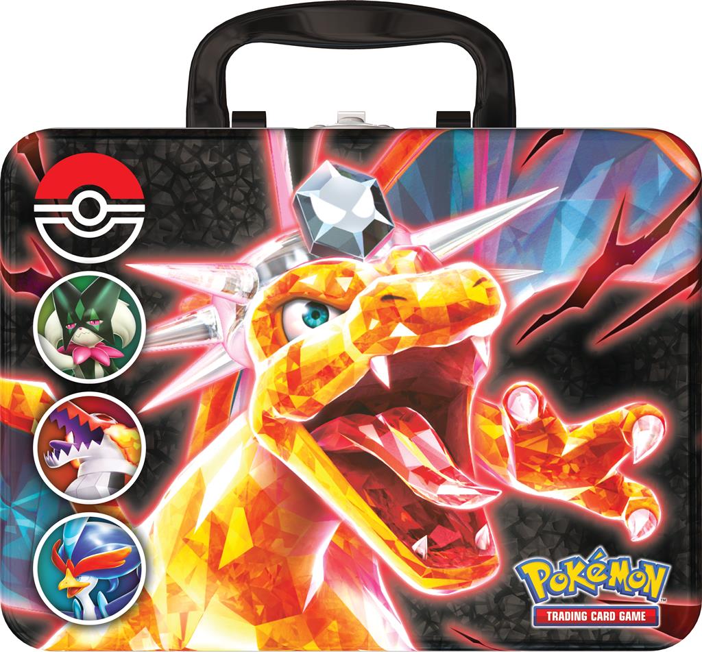 Pokémon Collector's Chest, een stevige metalen koffer met zes Pokémon TCG booster packs, drie foil kaarten van Skeledirge, Quaquaval en Meowscarada, een Pokémon munt, vier kleurrijke stickersheets, een mini portfolio en een codekaart voor Pokémon TCG Live.