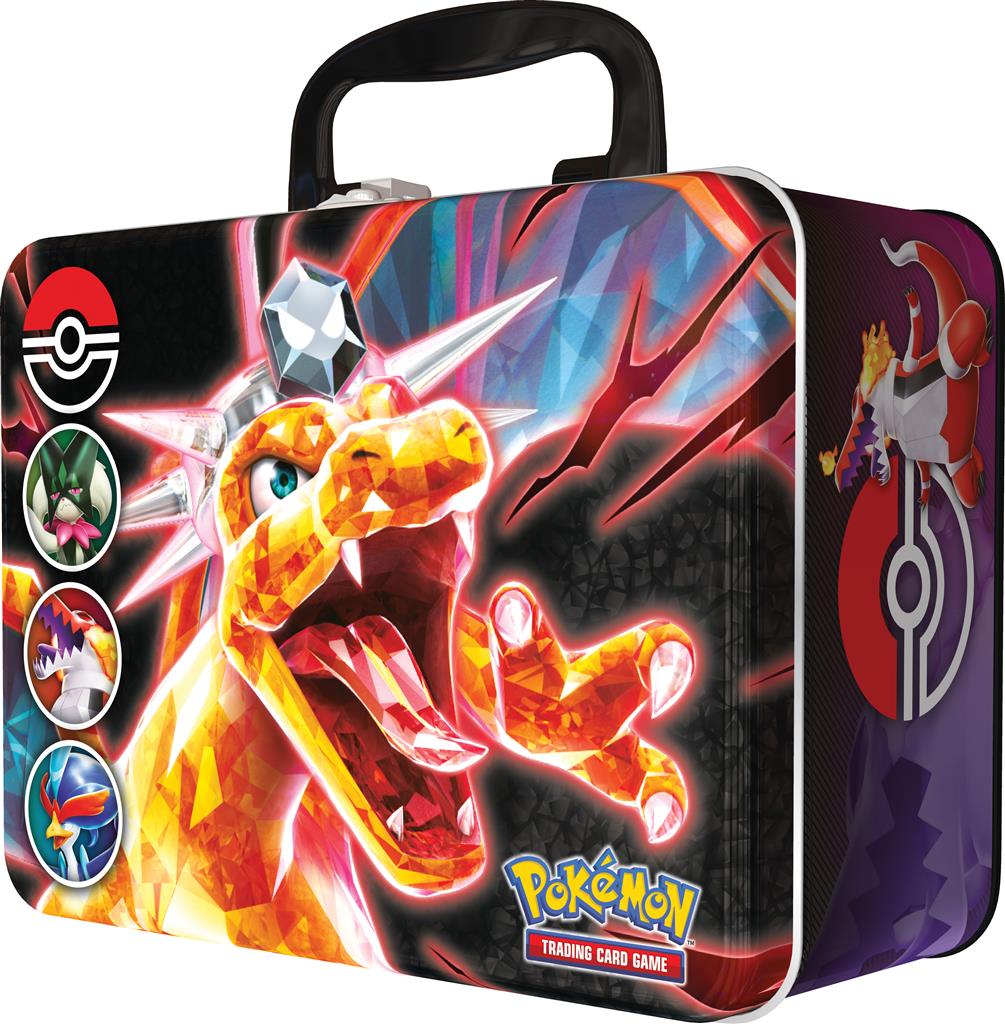 Pokémon Collector's Chest, een stevige metalen koffer met zes Pokémon TCG booster packs, drie foil kaarten van Skeledirge, Quaquaval en Meowscarada, een Pokémon munt, vier kleurrijke stickersheets, een mini portfolio en een codekaart voor Pokémon TCG Live.