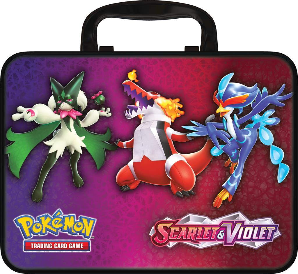 Pokémon Collector's Chest, een stevige metalen koffer met zes Pokémon TCG booster packs, drie foil kaarten van Skeledirge, Quaquaval en Meowscarada, een Pokémon munt, vier kleurrijke stickersheets, een mini portfolio en een codekaart voor Pokémon TCG Live.