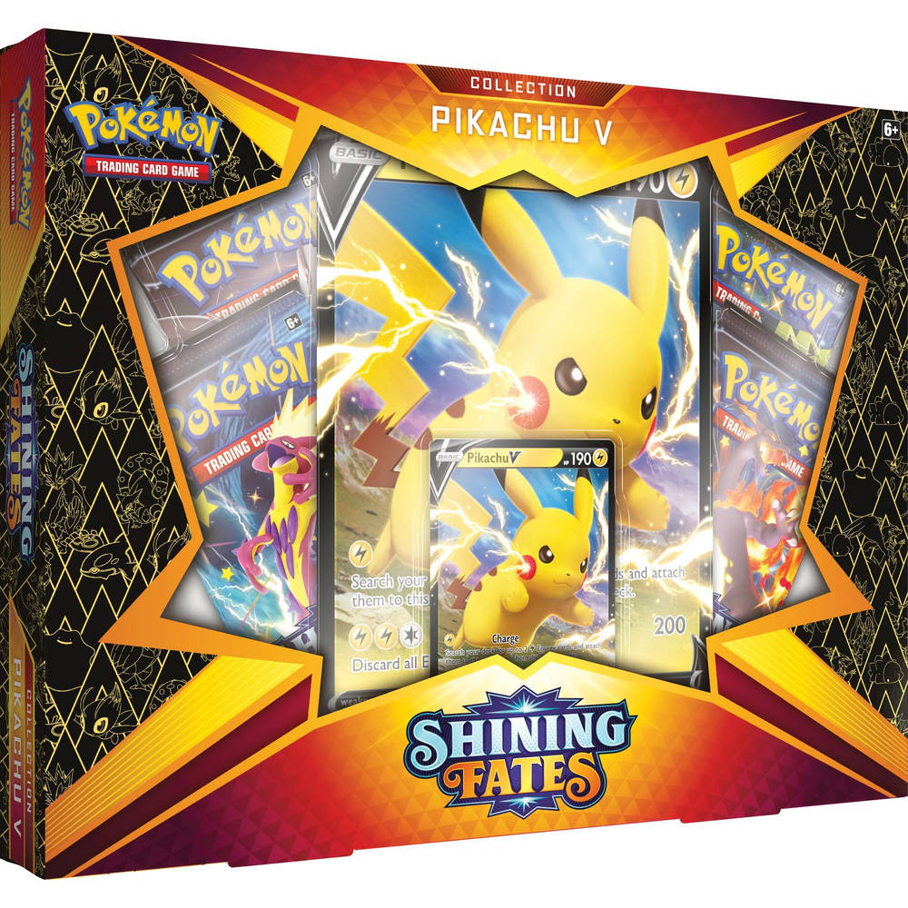 Pokemon Trading Card Game Shining Fates Pikachu V box met Pikachu V-promokaart, booster packs en meer.