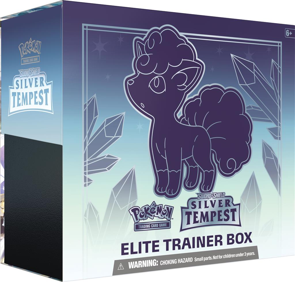 Pokémon TCG Silver Tempest Elite Trainer Box met 8 booster packs en Alolan Vulpix design.