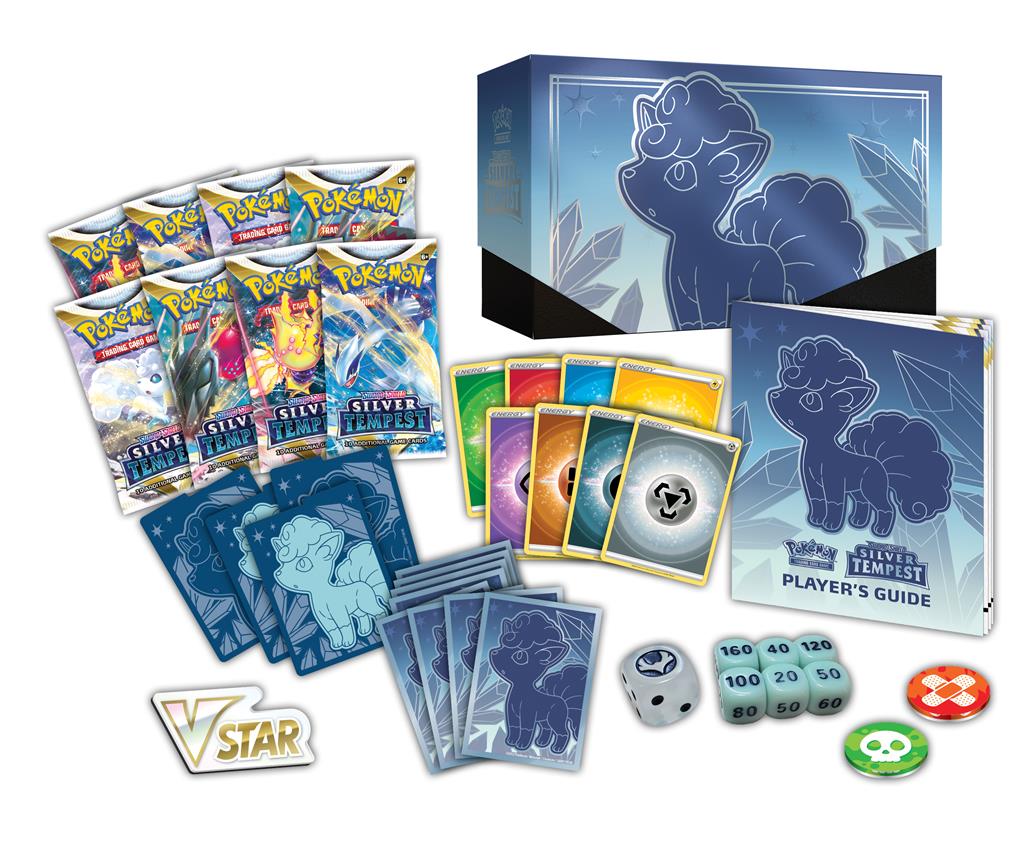 Pokémon TCG Silver Tempest Elite Trainer Box met 8 booster packs en Alolan Vulpix design.