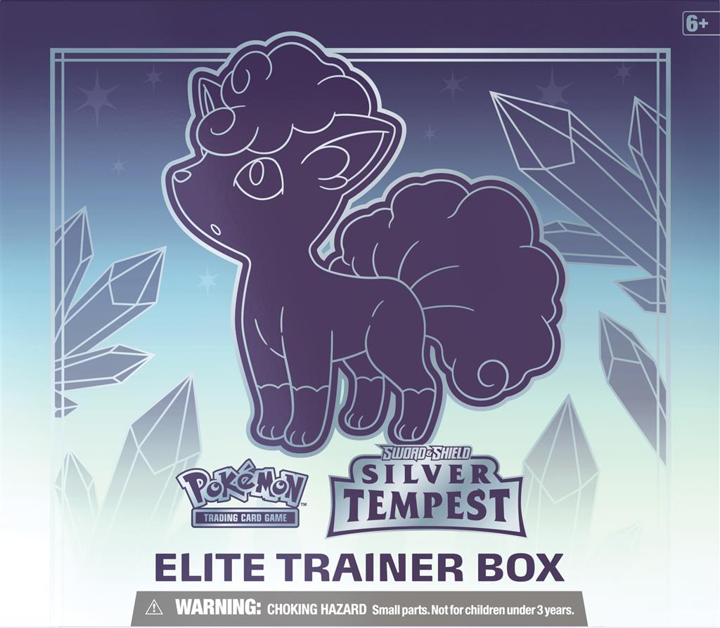 Pokémon TCG Silver Tempest Elite Trainer Box met 8 booster packs en Alolan Vulpix design.