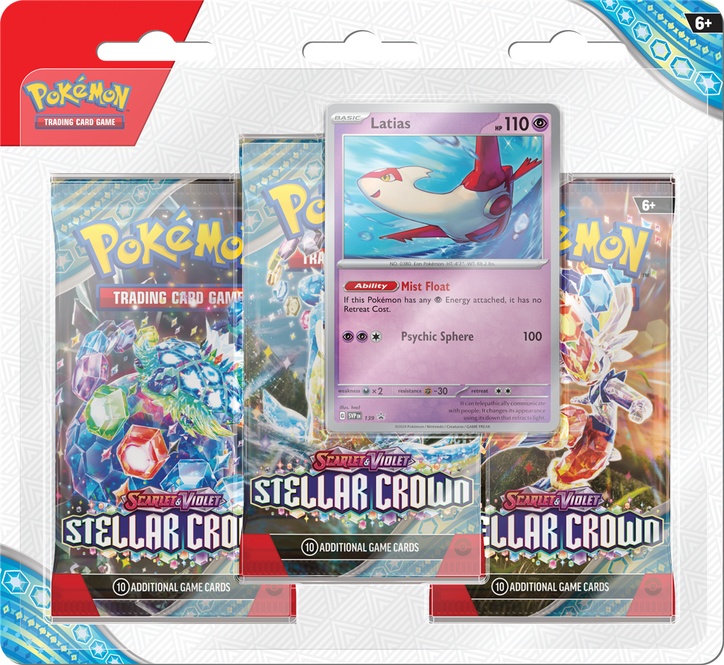 Stellar Crown 3-Blister Pack met promo kaart en 3 booster packs.