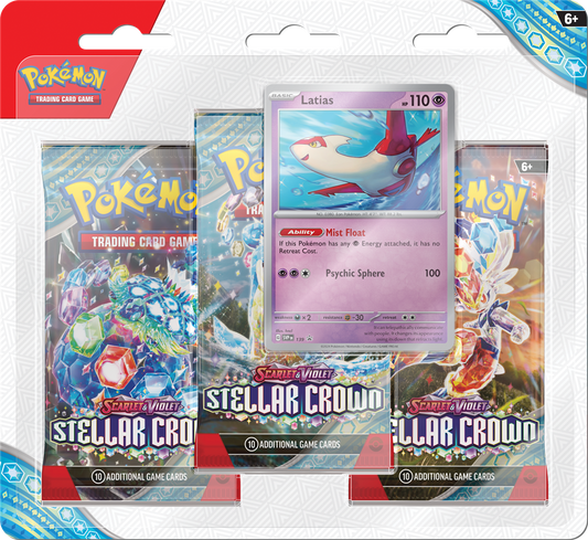 Stellar Crown 3-Blister Pack met promo kaart en 3 booster packs.