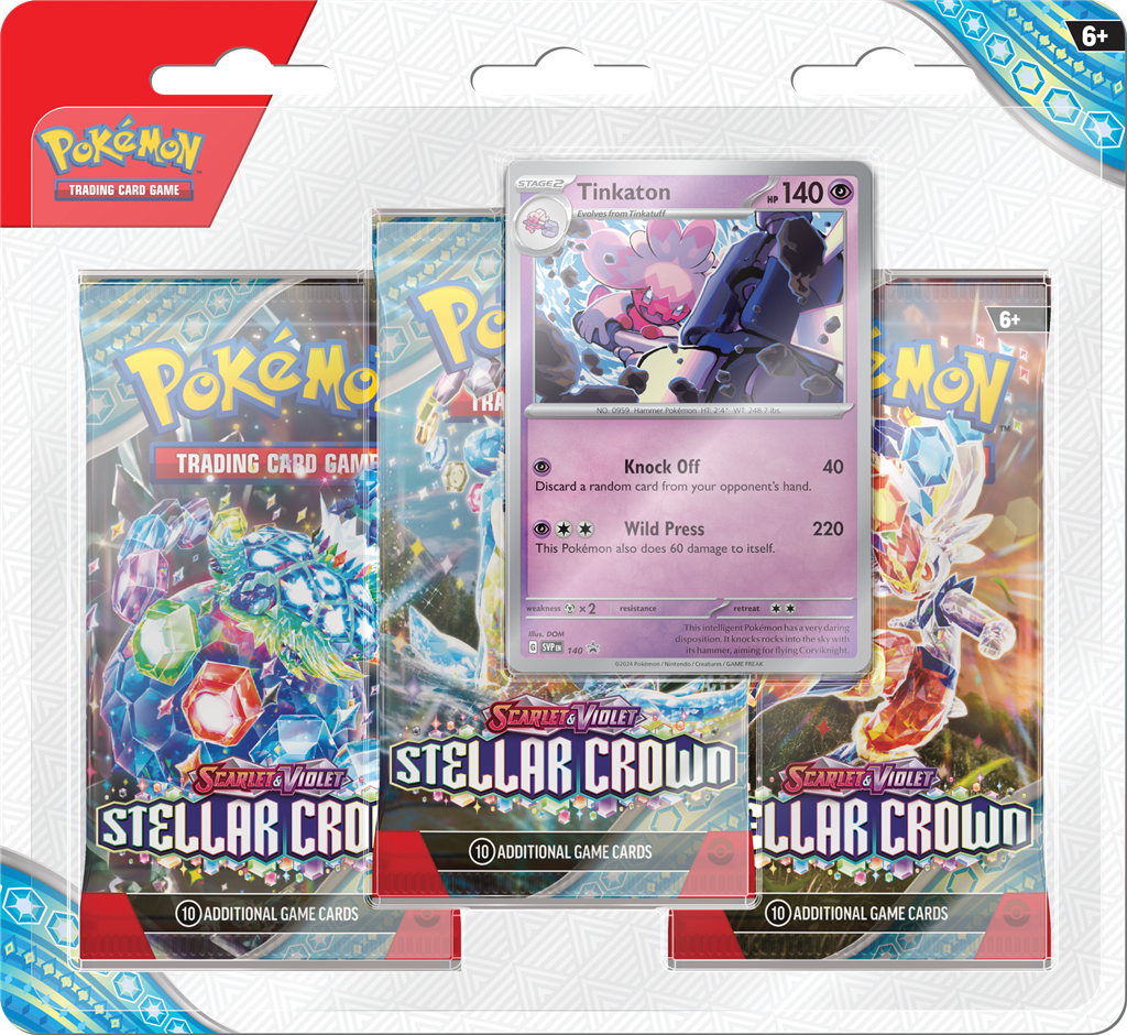 Stellar Crown 3-Blister Pack met promo kaart en 3 booster packs.