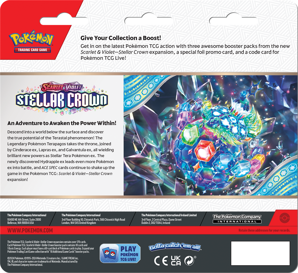 Stellar Crown 3-Blister Pack met promo kaart en 3 booster packs.