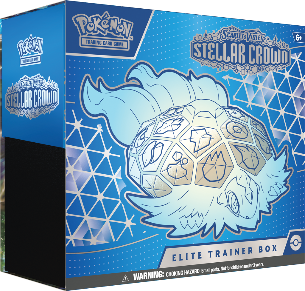 Stellar Crown Elite Trainer Box met booster packs en Noctowl promo kaart.