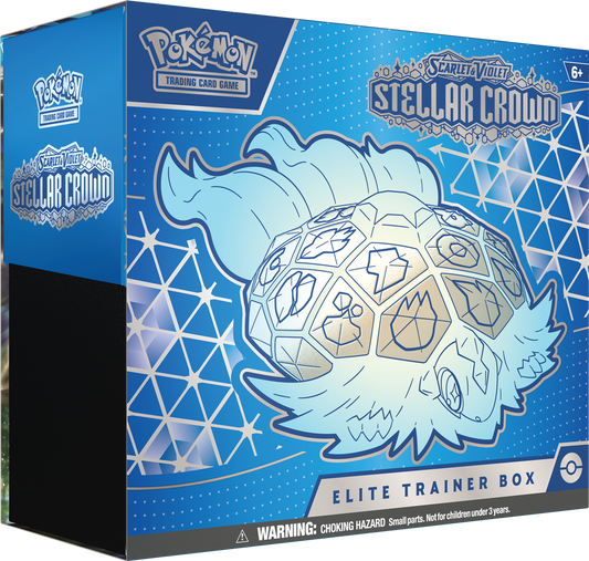 Stellar Crown Elite Trainer Box met booster packs en Noctowl promo kaart.