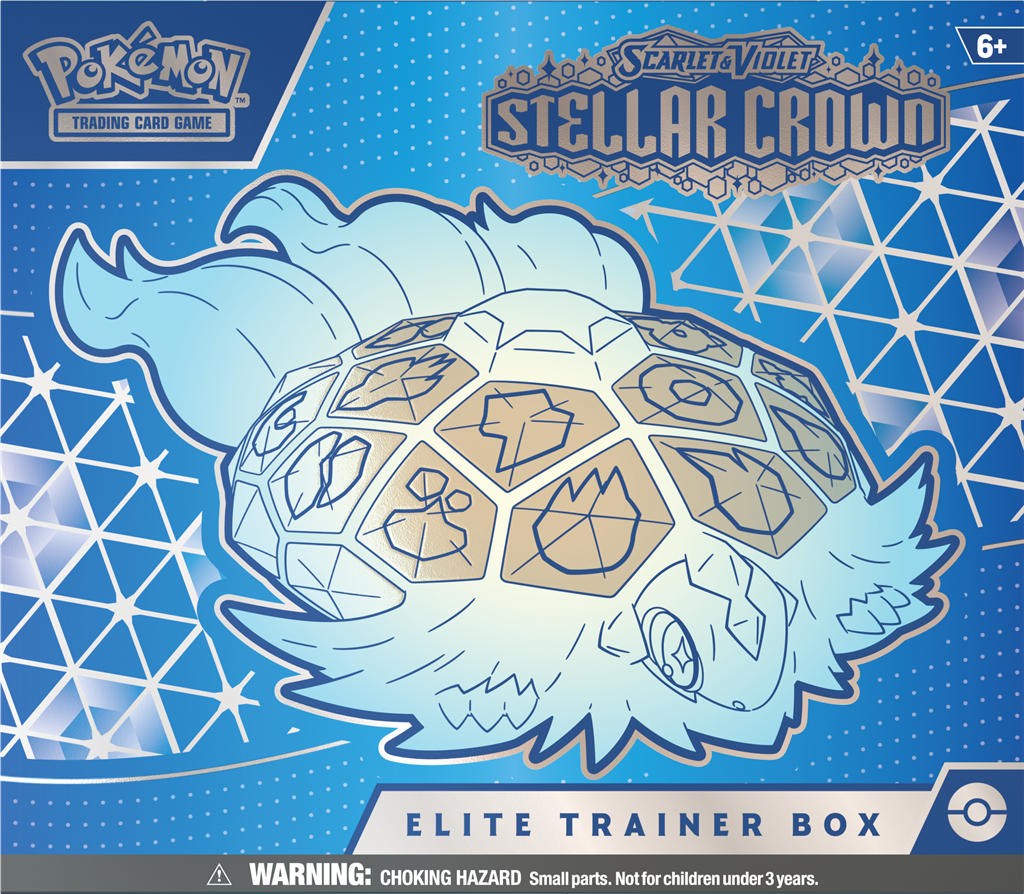 Stellar Crown Elite Trainer Box met booster packs en Noctowl promo kaart.