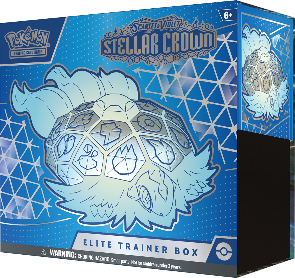 Stellar Crown Elite Trainer Box met booster packs en Noctowl promo kaart.