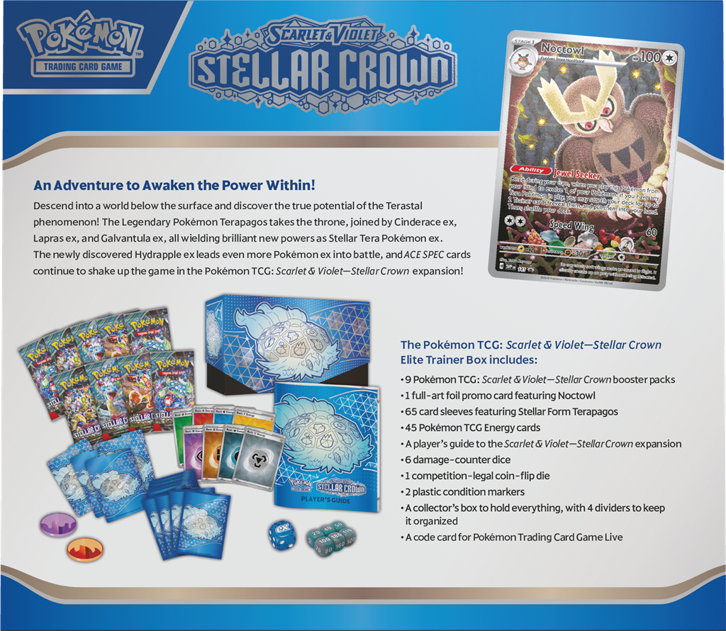 Stellar Crown Elite Trainer Box met booster packs en Noctowl promo kaart.