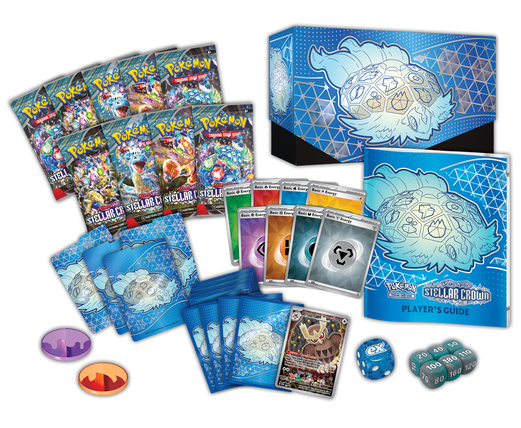 Stellar Crown Elite Trainer Box met booster packs en Noctowl promo kaart.