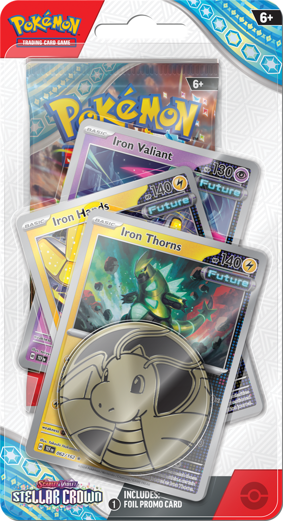 Stellar Crown Premium Checklane met booster pack, promo kaarten, en Pokémon-munt.