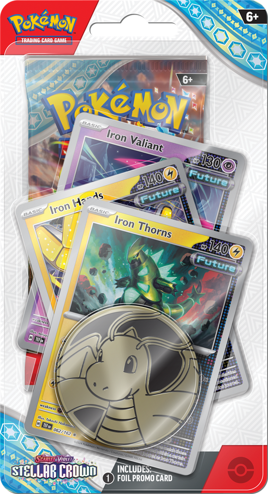 Stellar Crown Premium Checklane met booster pack, promo kaarten, en Pokémon-munt.