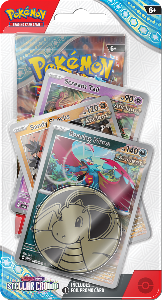 Stellar Crown Premium Checklane met booster pack, promo kaarten, en Pokémon-munt.