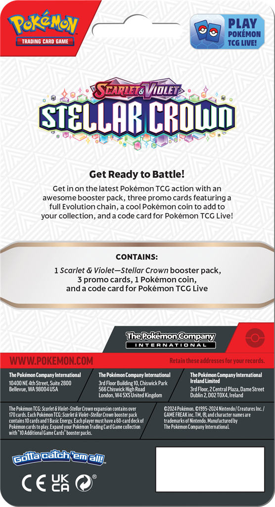 Stellar Crown Premium Checklane met booster pack, promo kaarten, en Pokémon-munt.