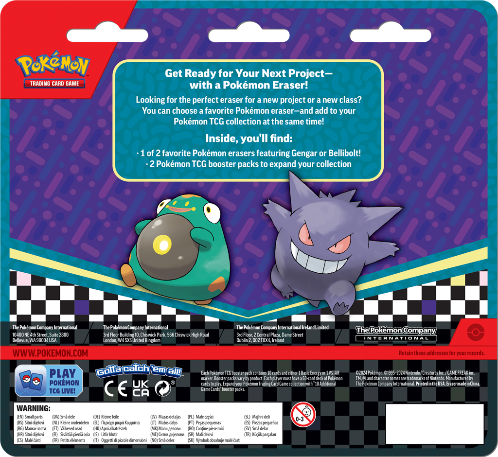 Pokémon Eraser Blister met gum van Gengar of Bellibolt en twee booster packs.