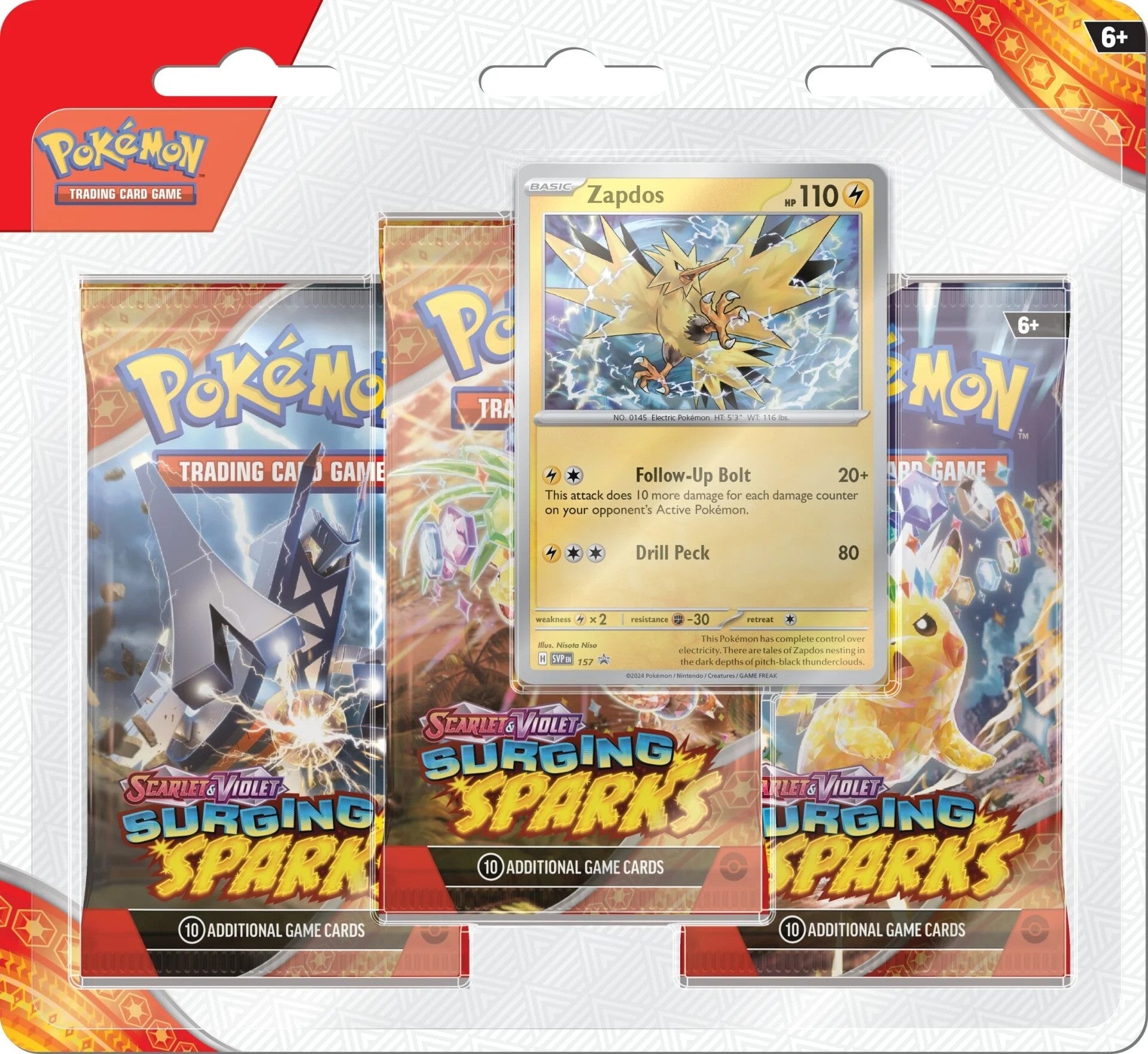 Pokémon TCG Scarlet & Violet-Surging Sparks 3 Blister Pack met Pikachu ex en Alolan Exeggutor ex