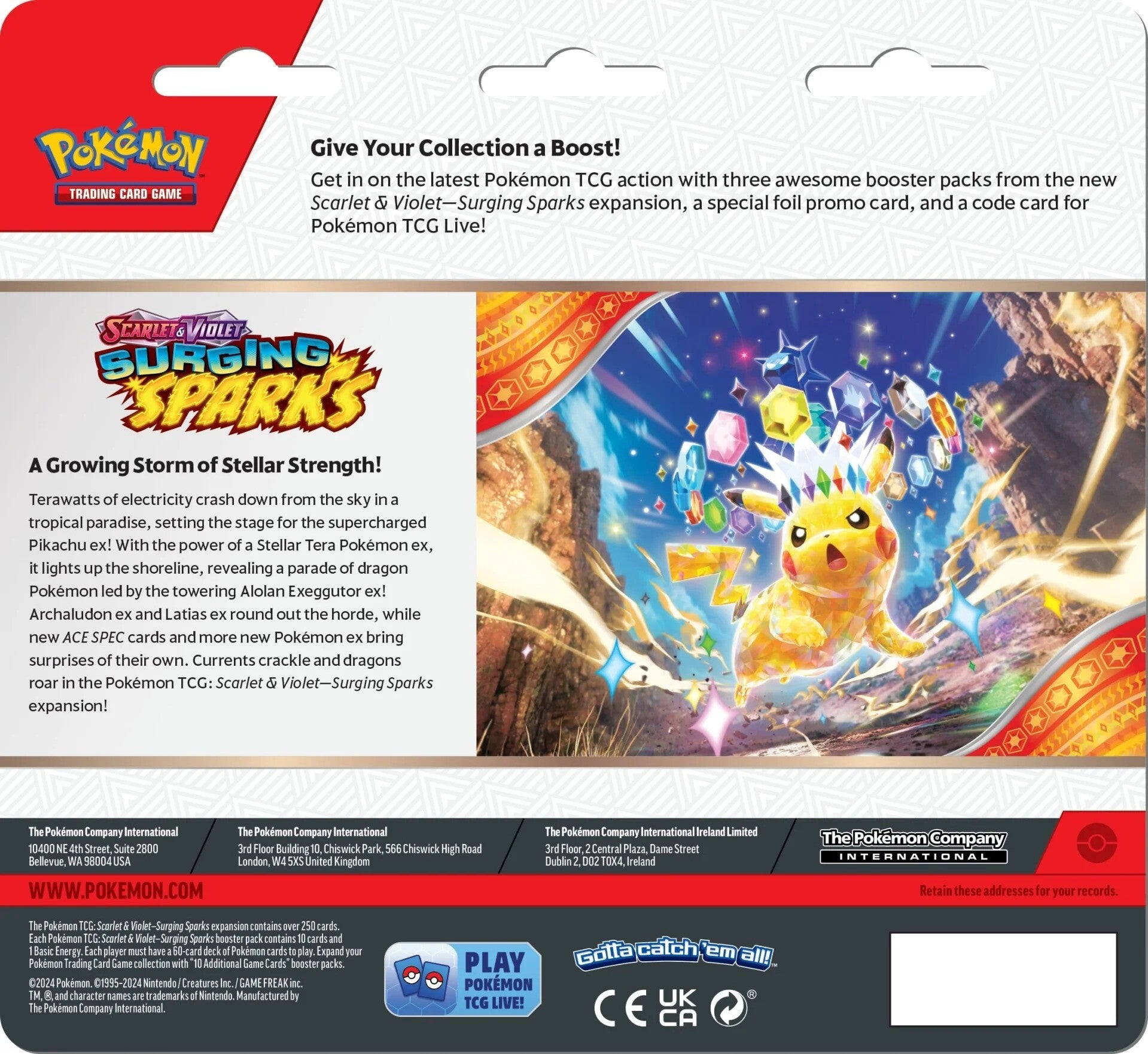 Pokémon TCG Scarlet & Violet-Surging Sparks 3 Blister Pack met Pikachu ex en Alolan Exeggutor ex