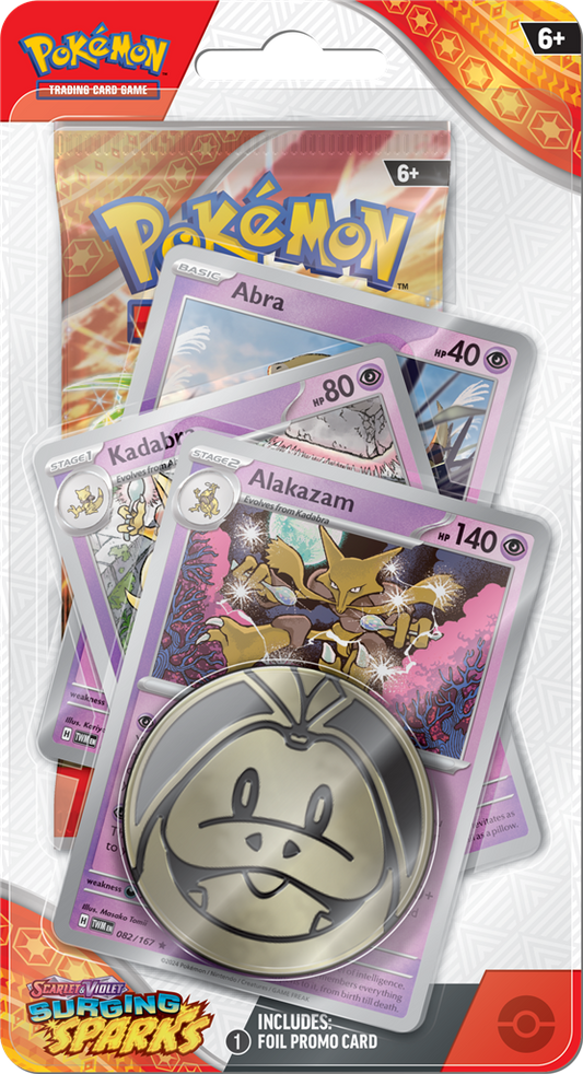 Pokémon TCG Scarlet & Violet-Surging Sparks Premium Checklane Blister met Pikachu en evolutieketen van Abra