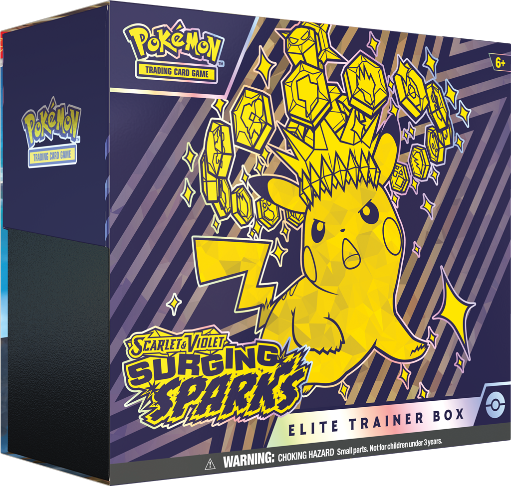 Scarlet & Violet-Surging Sparks Elite Trainer Box met Magneton promokaart, boosterpacks, en sleeves.