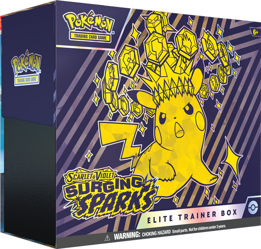 Scarlet & Violet-Surging Sparks Elite Trainer Box met Magneton promokaart, boosterpacks, en sleeves.