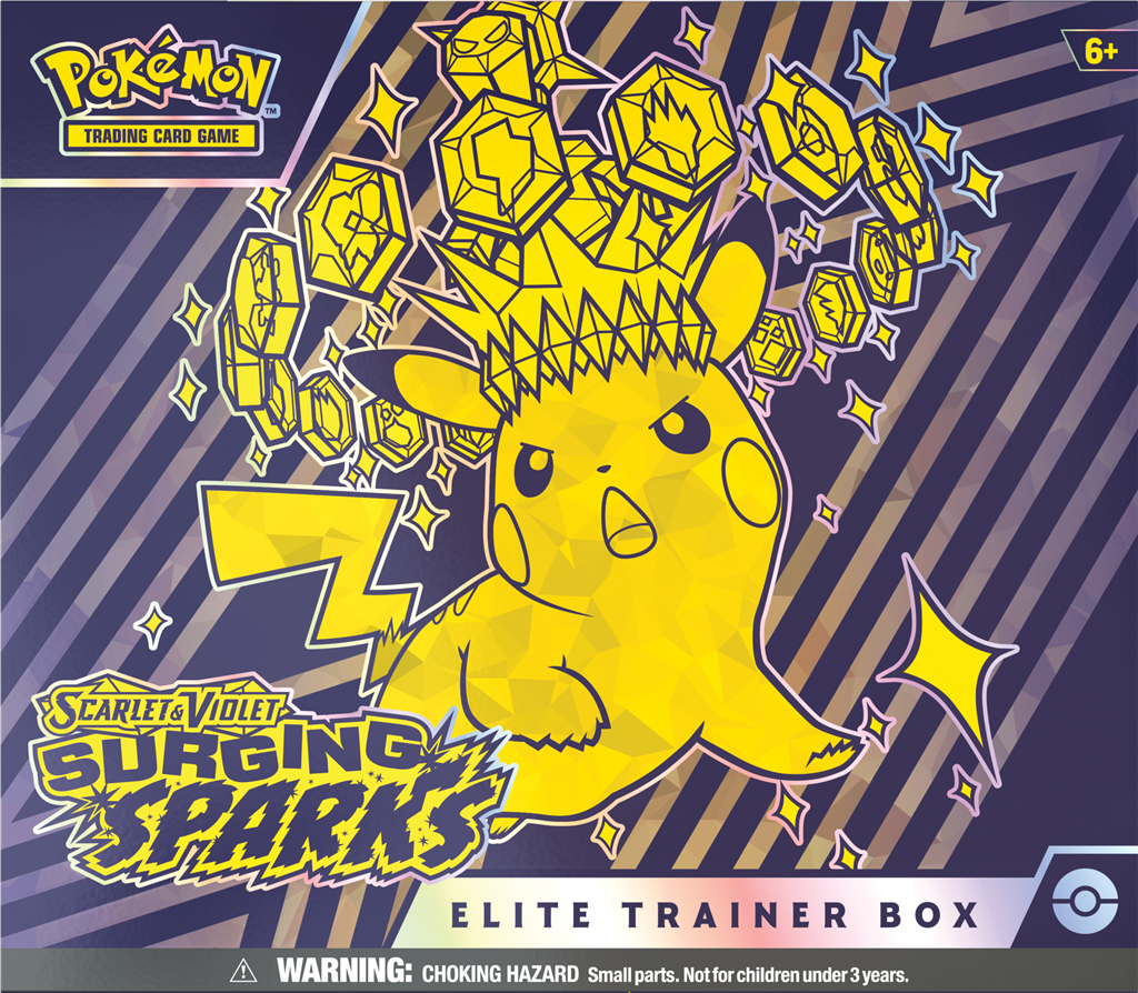 Scarlet & Violet-Surging Sparks Elite Trainer Box met Magneton promokaart, boosterpacks, en sleeves.