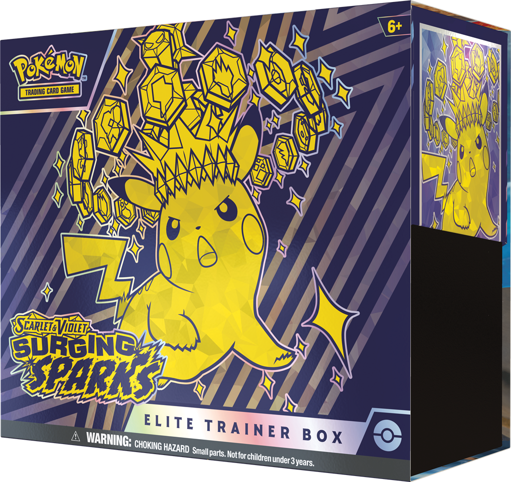 Scarlet & Violet-Surging Sparks Elite Trainer Box met Magneton promokaart, boosterpacks, en sleeves.