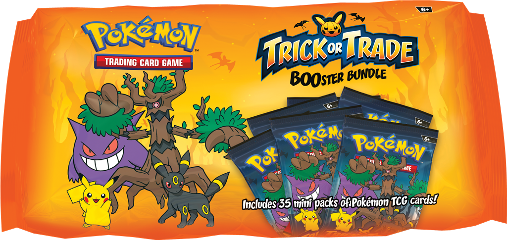 Trick or Trade BOOster Bundle met Pikachu, Gengar, en Umbreon kaarten voor Halloween.