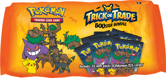 Trick or Trade BOOster Bundle met Pikachu, Gengar, en Umbreon kaarten voor Halloween.