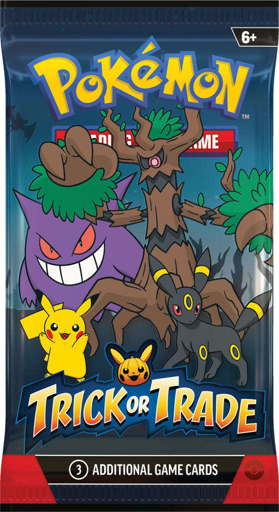 Trick or Trade BOOster Bundle met Pikachu, Gengar, en Umbreon kaarten voor Halloween.