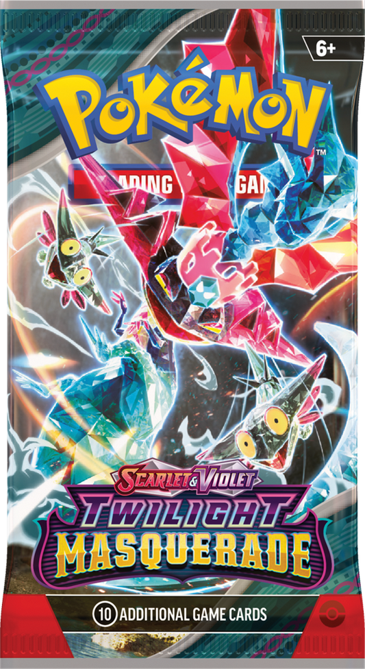 Pokémon TCG Twilight Masquerade Booster Pack met Bloodmoon Ursaluna, Greninja, en Ogerpon.