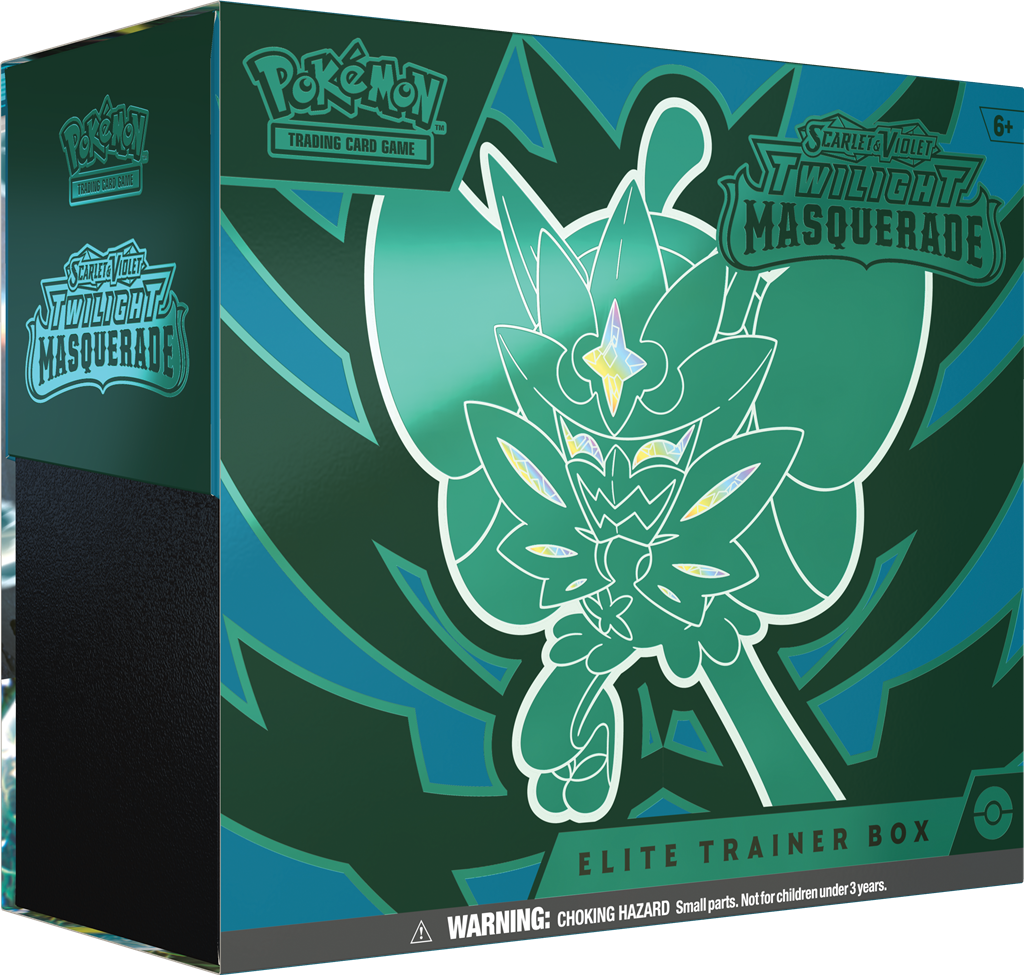 Pokémon TCG: Twilight Masquerade Elite Trainer Box met promokaart van Teal Mask Ogerpon, 9 booster packs, kaartsleeves, en meer.